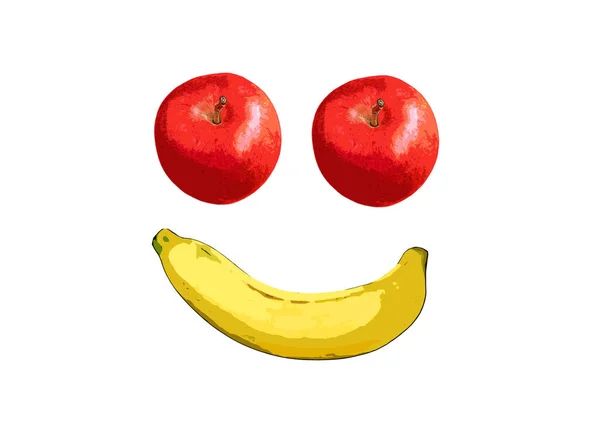Illustration Pair Red Apples Banana Isolated White Background — Stock Photo, Image
