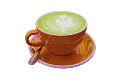 Sıcak Japon Matcha Green Tea Latte Turuncu Kupa Beyaz Arkaplanda İzole Edildi