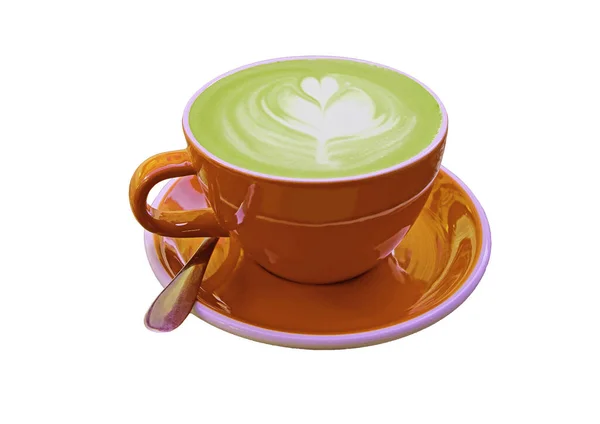 Latte Verde Matcha Japonés Caliente Taza Naranja Aislada Sobre Fondo — Foto de Stock