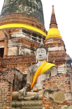 Wat Yai Chai Mongkhon Antik Tapınağı, Ayutthaya Tarihi Parkı, Tayland 'da Sarı Kaftanlı Muhteşem Buda Heykeli