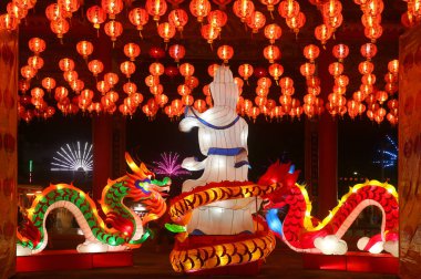 Large Chinese Goddess and Dragon Shaped Lanterns with the Hanging Lanterns in Rows Displayed at the Courtyard of Chinese Buddhist Temple During Lunar New Year