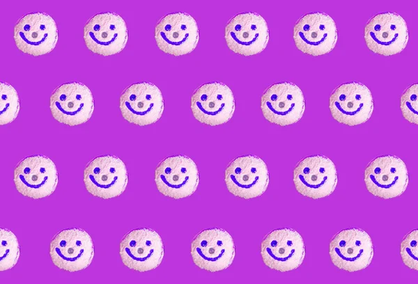Smiling Face Coconut Flakes Jelly Donuts Pattern on Lilac Purple Background