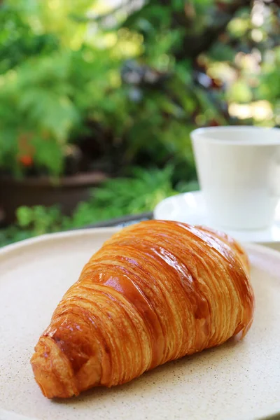 Delectable Puffy French Croissant Coffee Yard — Stock Photo, Image