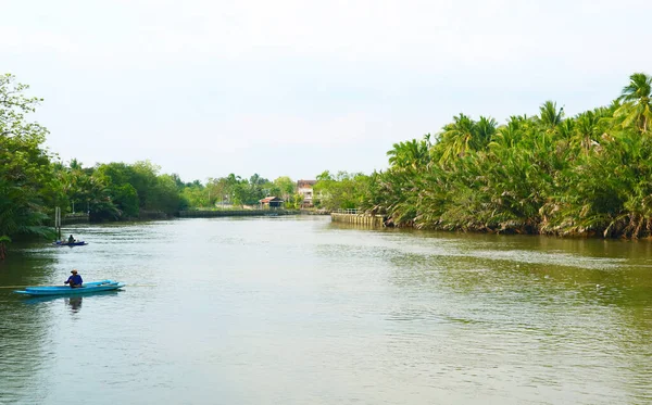 Relaks Atmosfera Ogrodów Kokosowych Palmowych Nipa Wzdłuż Kanału Spokojnego Rybakami — Zdjęcie stockowe