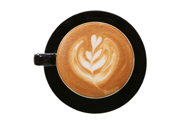 白底咖啡与漂亮的拿铁艺术的泡沫卡布奇诺咖啡的顶部视图 — 图库照片