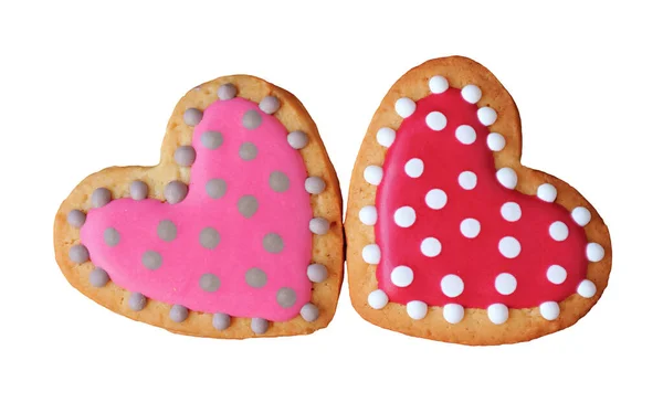 Paar Schöne Gepunktete Gemusterte Königliche Zuckerguss Herzförmige Kekse Auf Transparentem — Stockfoto