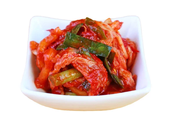 Nahaufnahme Von Kimchi Einem Ikonischen Koreanischen Gericht Weißer Schüssel Auf — Stockfoto