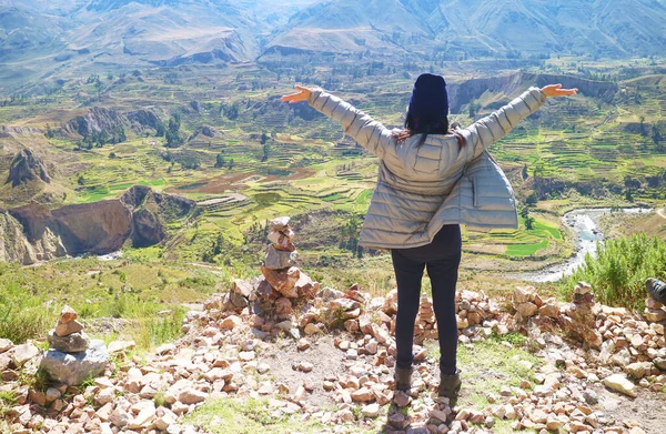 Vrouwelijke Wandelaar Indrukwekkend Met Amazing Agricultural Terraces Colca Canyon Arequipa — Stockfoto