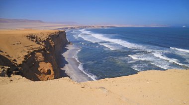 Çölün Okyanusla Buluştuğu Yer olarak bilinen Paracas Ulusal Rezervi, Peru 'nun Ica Bölgesi, Güney Amerika