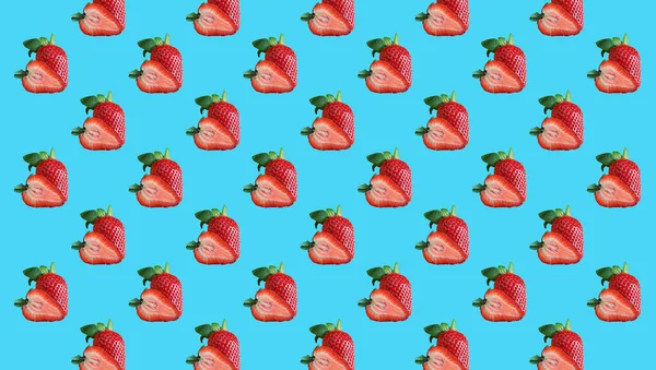 Seamless Pattern Fresh Strawberry Whole Fruit Cross Section Created Heart — Stock Photo, Image
