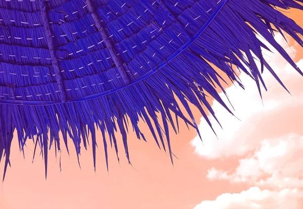 Kraliyet Mavisi Thatched Plaj Şemsiyesi Pembe Gökyüzü Arkaplanında Gerçeküstü Pop — Stok fotoğraf