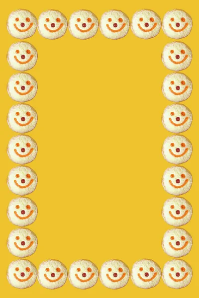 Frame Smiling Face Coconut Flakes Jelly Donuts Sunshine Yellow Background — стокове фото