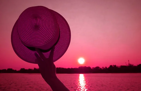 法国超现实的流行艺术 玫瑰色手拿着草帽向夕阳的天空招手 — 图库照片
