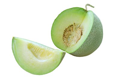 Taze olgun Muskmelon ve beyaz arka planda Whole Fruit 'tan kesilmiş sulu bir dilim.