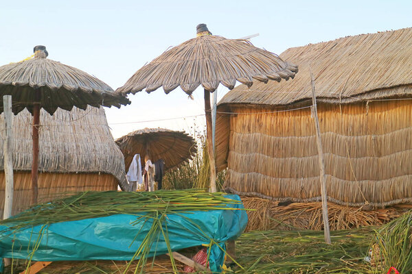 Houses on Uros Floating Islands Built from Totora Reeds Lake Titicaca, Puno, Peru, South America
