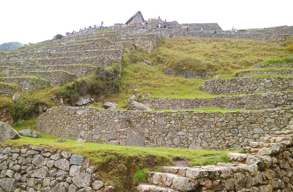 Látogatók Csoportja Akik Machu Picchu Ősi Inka Romjait Fedezik Fel — Stock Fotó
