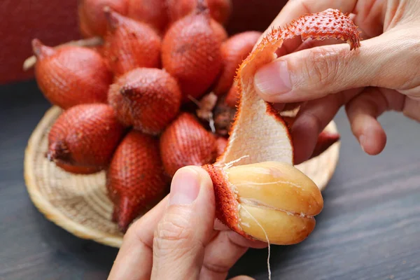 Closeup of Hand Peeling Salak Fruit by Pinching Its Tip and Pulling Away