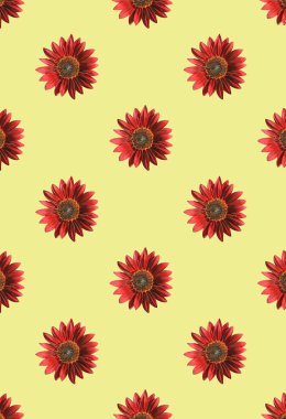 Sarı Arkaplanda Kusursuz Çiçek Kalıbı Kırmızı Ayçiçekleri