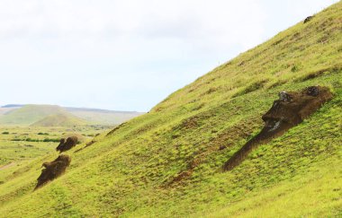 Güney Amerika, Şili 'deki Paskalya Adası' nda tarihi bir Moai ocağı olan Rano Raraku volkanı yamacına dağılmış terk edilmiş devasa Moai heykelleri grubu.