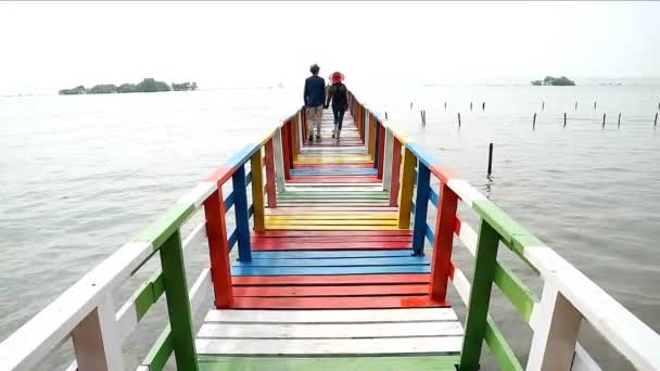 カラフルな橋で散歩するハッピーカップルの映像 — ストック動画