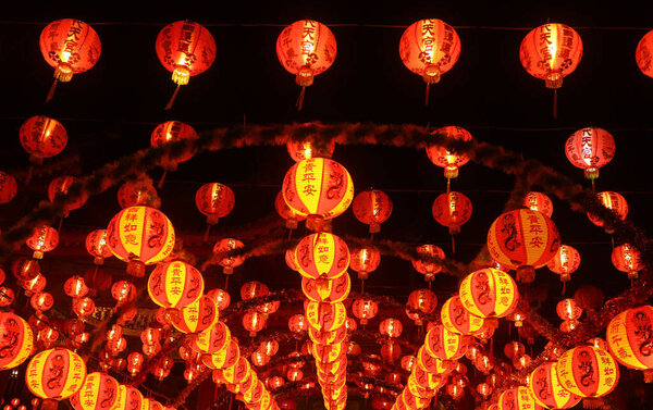 Fantastic Night View of Chinese Hanging Lanterns in Rows Displayed as the Lucky Charms During Lunar New Year