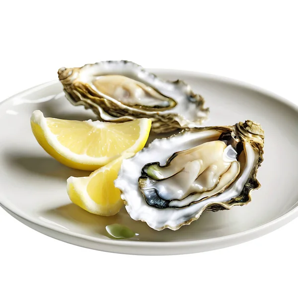 Plate of Raw Half Shell Oysters with Fresh Lemons Isolated on Transparent Background, PNG File