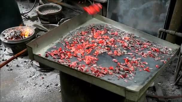 Footage Heap Glowing Heated Charcoals Being Added Tray Brazier Baking — Stock Video