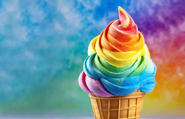 Rainbow Colored Soft Serve Ice Cream Cone Rainbow Background Untuk Stok Foto