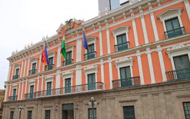 Bolivian Palace of Government or Palacio Quemado with the Coat of arms of Bolivia, Plaza Murillo, La Paz, Bolivia, South America clipart