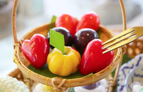 Stock image Mini Fruits and Vegetables Shaped Thai Style Marzipan Called Kanom Look Choup, a Famous Thai Traditional Dessert