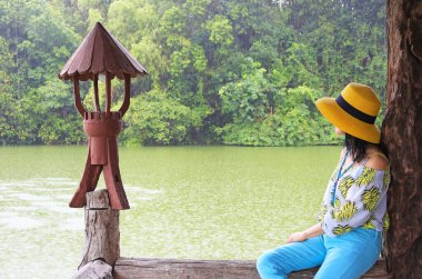 Woman Relaxing on the Lakeshore Pavilion in a Gentle Rain clipart