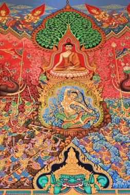 Buddha 'nın duvar resmi Phra Mae Thorani Tanrıçası Wat Pak Nam Khaem Nu, Chanthaburi, Tayland' daki toplantı salonunda saçını ve Rahu 'yu büküyor.