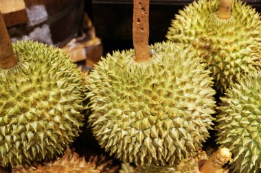 Yerel pazarda satılık Durian meyveleri yığını