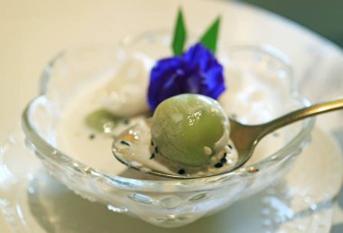 Khanom Kho Kati 'nin yakın çekimi, Tatlandırılmış Hindistan cevizi sütlü Tayland Güney Hindistan cevizi tatlısı.