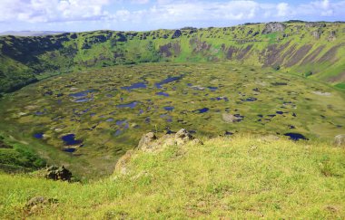 Paskalya Adası, Pasifik Okyanusu, Şili, Güney Amerika 'daki Rano Kau Krateri Manzarası