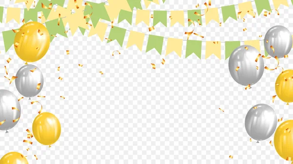 Drapeaux Fête Colorés Avec Confettis Rubans Ballon Tombant Sur Fond — Image vectorielle
