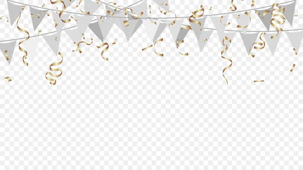 Zilverkleurige Vlaggen Met Confetti Linten Transparante Achtergrond Viering Verjaardag Activiteiten — Stockvector