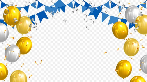 Золотой Серебряный Воздушный Шар Украшен Голубыми Флажками Гирлянды Конфетти Поздравления — стоковый вектор