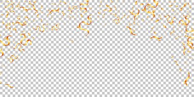 Soyut altın konfeti ve kurdeleler şeffaf arka plan kutlama partisine düşüyor, ziyafet