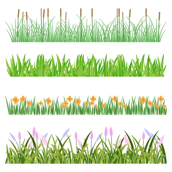 Realistic Green Lawn Spring Summer Vector Grass Border Meadow Set — Stock Vector