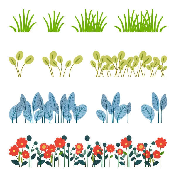 Set Green Grass Isolated Leaf Borders Flower Elements Nature Background — Stock Vector
