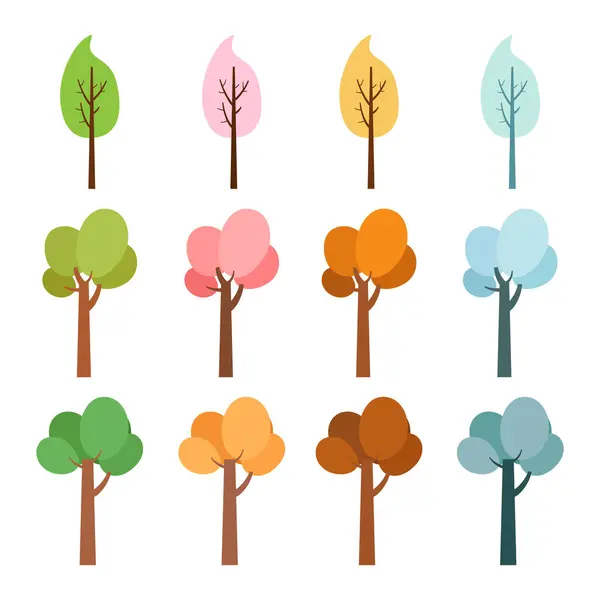 Τέσσερα Απομονωμένα Δέντρα Εποχής Άνοιξη Λουλούδια Πράσινο Καλοκαίρι Κίτρινο Φθινόπωρο — Διανυσματικό Αρχείο