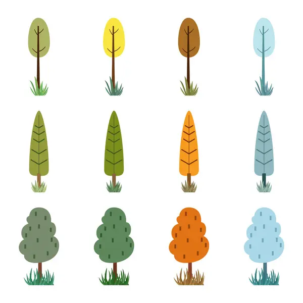 Set Van Bomen Gras Platte Bos Natuur Planten Geïsoleerde Bladeren — Stockvector