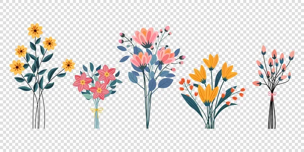 Uppsättning Olika Vackra Buketter Vilda Blommor Vektor Platt Illustration Samling — Stock vektor