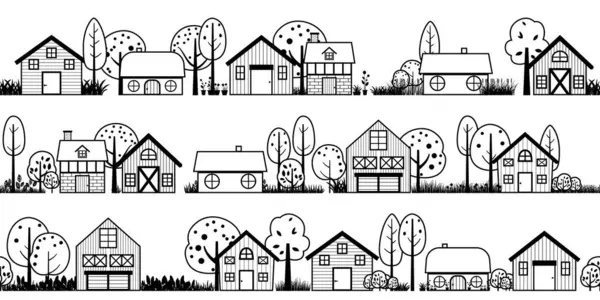 Nachbarschaftssilhouette Häuser Und Scheune Umreißen Panoramische Landschaft Vektor Illustration Flachrand — Stockvektor