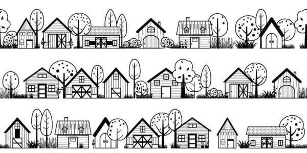 Silhouette Panoramic Landscape Houses Neighborhood Black Barn Home Countryside Cottage — Stock Vector