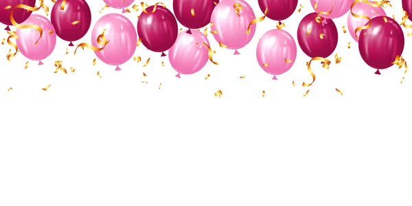 Balões Rosa Realistas Fitas Ouro Serpentina Dourado Confete Vetor Ilustração — Vetor de Stock