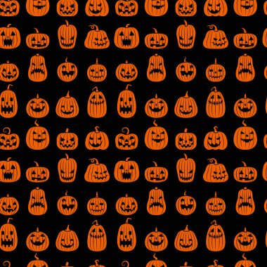 Siyah arka planda gülümseyen turuncu balkabağı duygularının ya da Cadılar Bayramı sonbaharı için duvar kağıdının kusursuz deseni.