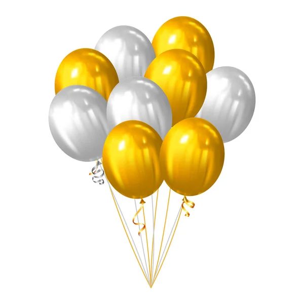在白色背景上孤立的金色和白色气球束向量图 — 图库矢量图片