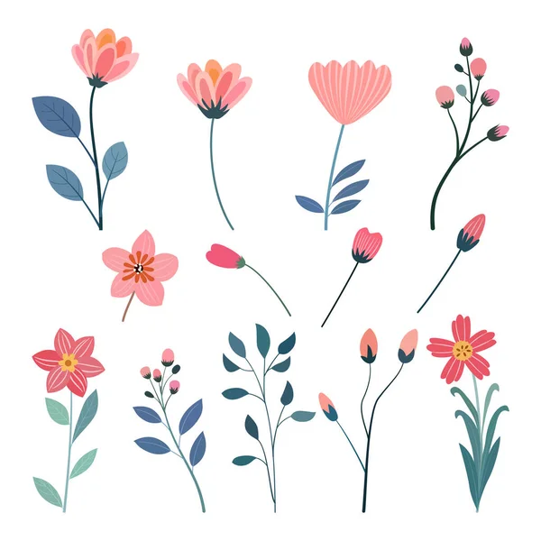 Uppsättning Handritade Blommor Och Växter Vektor Illustration Platt Stil — Stock vektor
